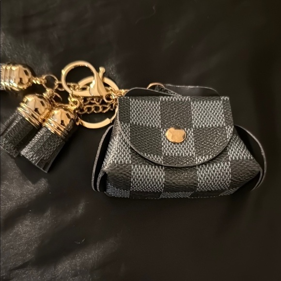 Accessories - Checkered Mini Bag Keychain with Gold Accents
